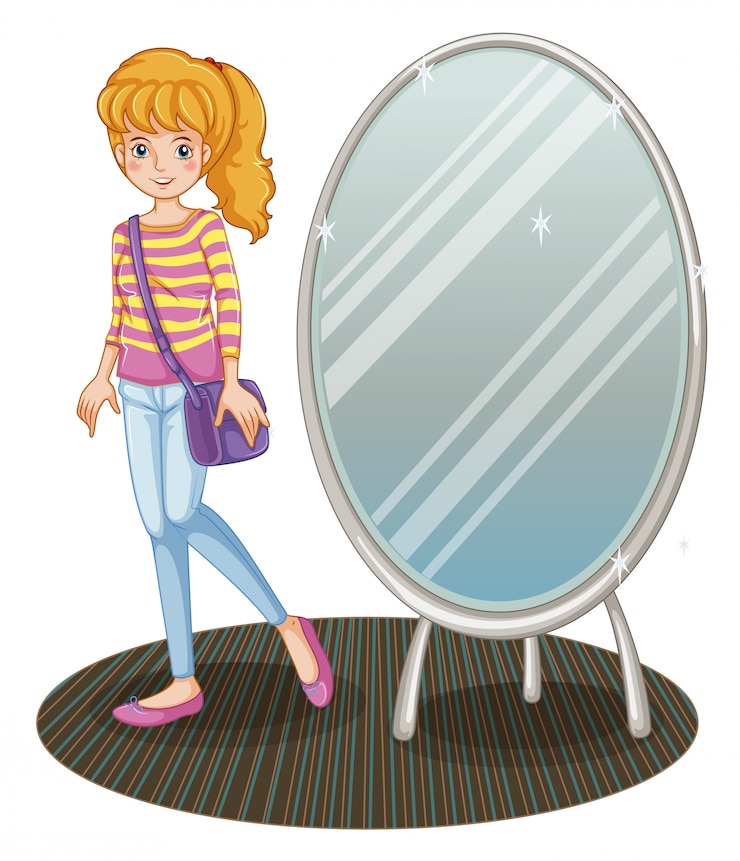 Vecteur gratuit une fille à côté d'un miroir