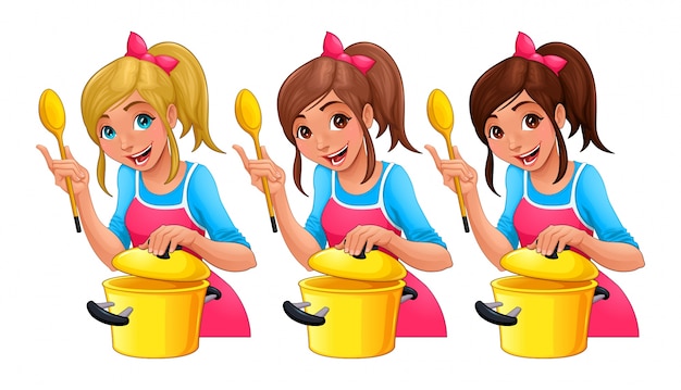 Fille Avec Une Cuillère Cuisine Trois Personnages De Dessin Animé Isolés Avec Différentes Couleurs De Cheveux