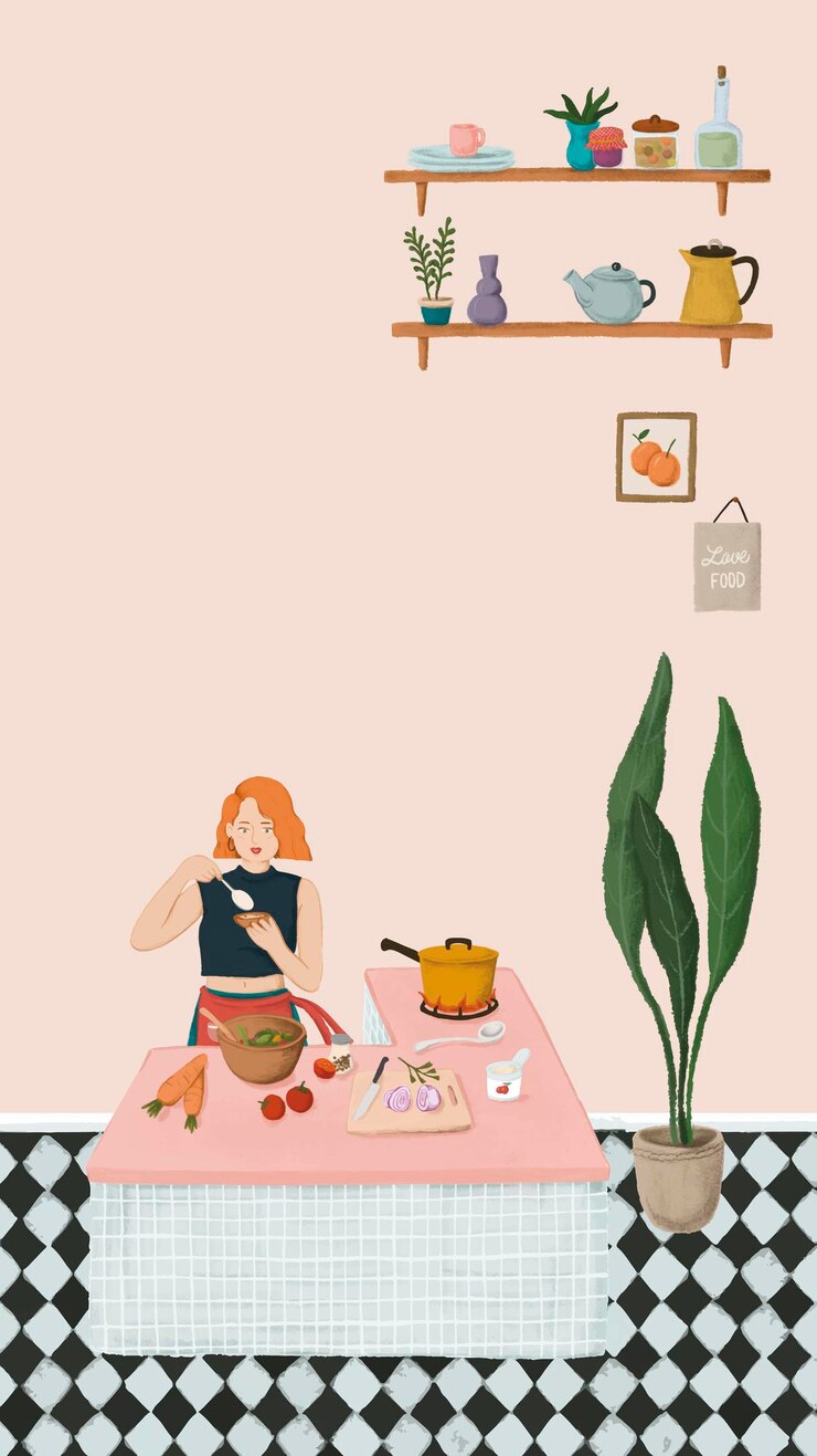 Vecteur gratuit fille de cuisine dans un vecteur de fond d'écran de téléphone portable de style croquis de cuisine