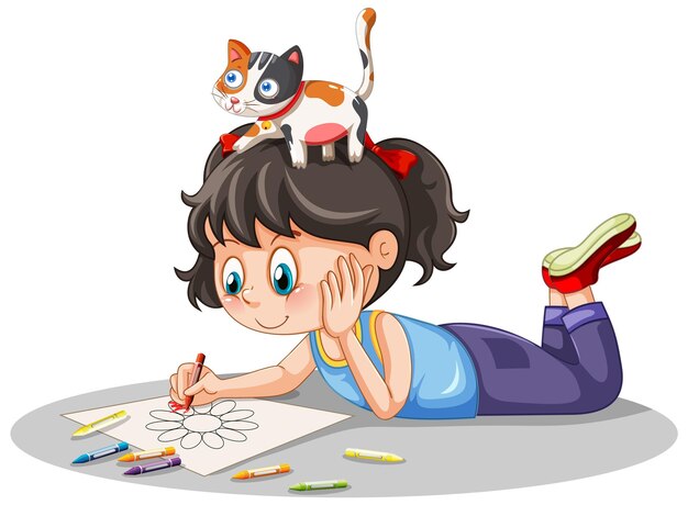 Une fille dessinant une image avec des chats à proximité