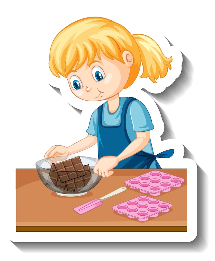 Vecteur gratuit une fille avec du chocolat dans un autocollant de dessin animé de bol