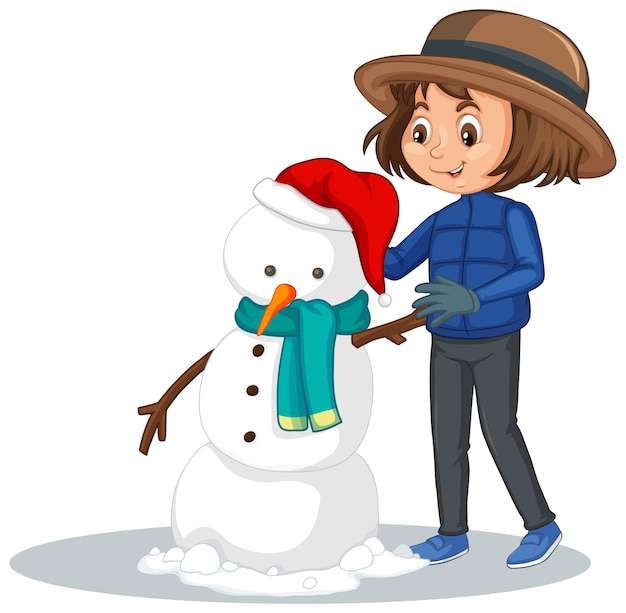 Vecteur gratuit fille faisant bonhomme de neige sur blanc