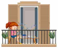 Vecteur gratuit une fille fait ses devoirs sur le balcon