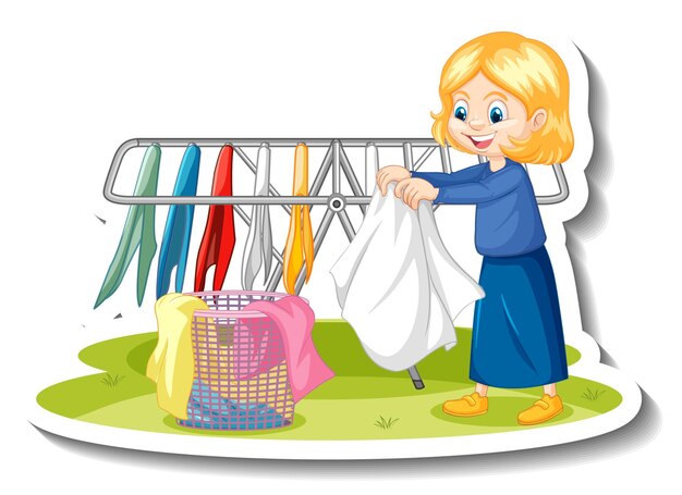Une fille de femme de ménage séchant des vêtements autocollant de personnage de dessin animé