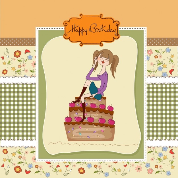 Vecteur gratuit fille et un gâteau d'anniversaire carte