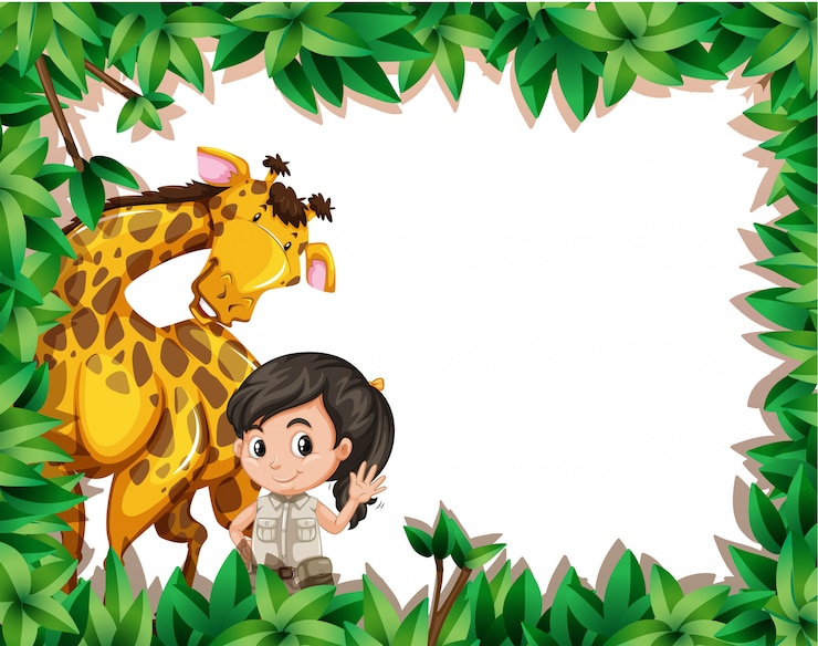 Vecteur gratuit une fille avec girafe sur cadre nature