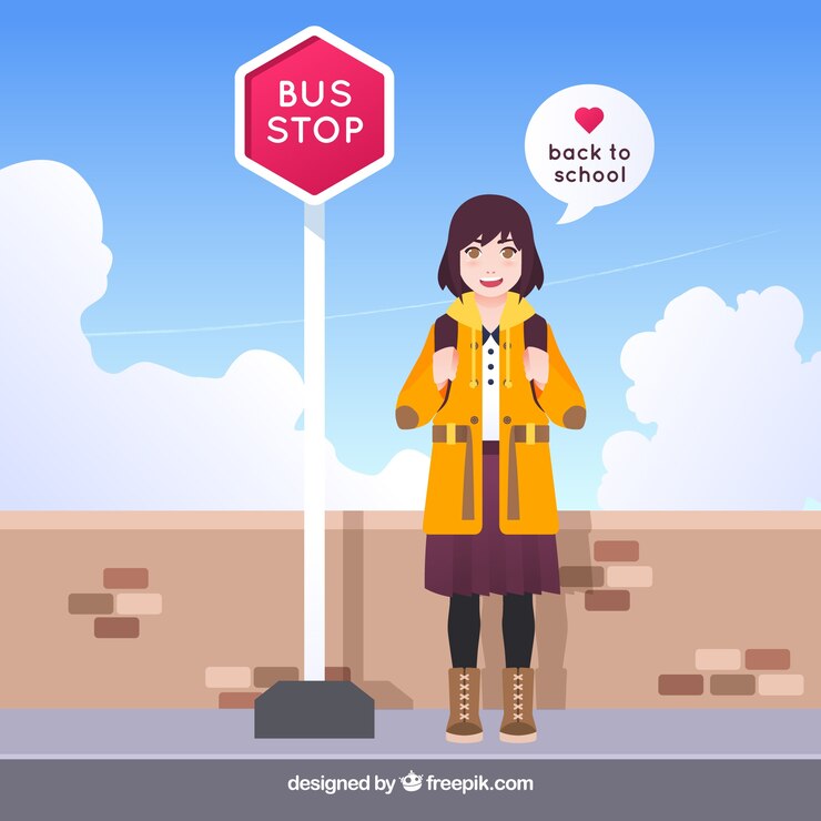 Vecteur gratuit fille heureuse, attendant le bus scolaire avec un design plat