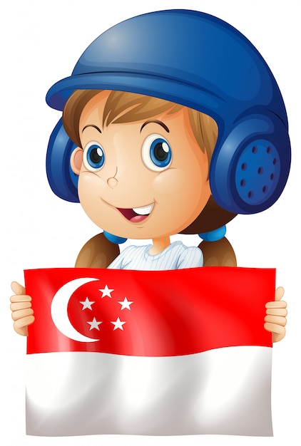 Fille heureuse et drapeau de Singapour