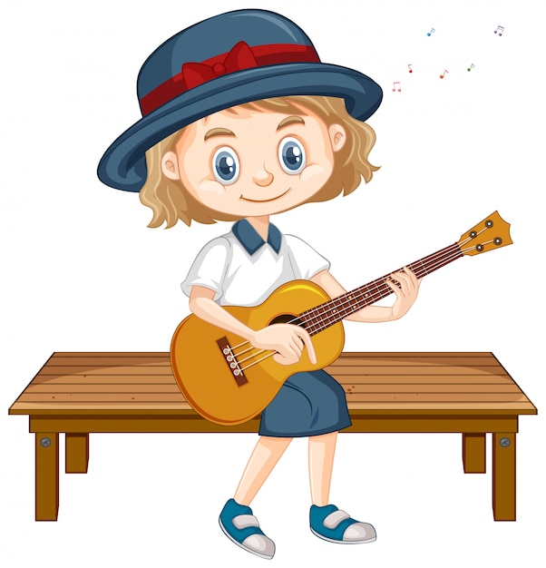 Vecteur gratuit une fille heureuse, jouer de la guitare sur le siège