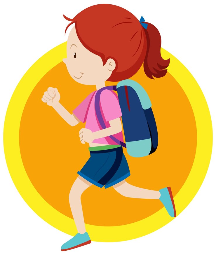Vecteur gratuit fille heureuse avec sac à dos en cours d'exécution