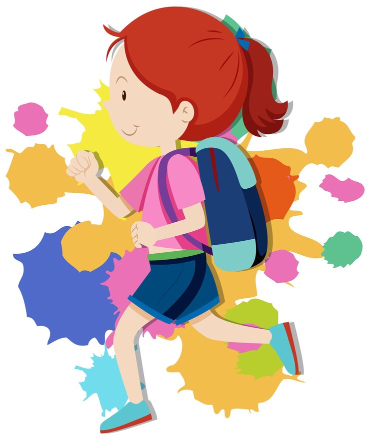 Vecteur gratuit fille heureuse avec sac à dos en cours d'exécution