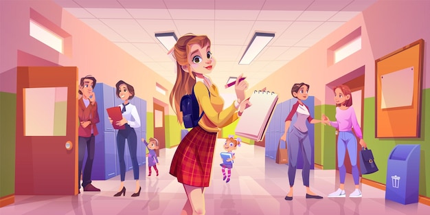 Vecteur gratuit fille à l'intérieur du dessin animé du couloir de l'école