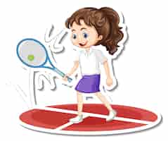 Vecteur gratuit une fille jouant au tennis autocollant de dessin animé