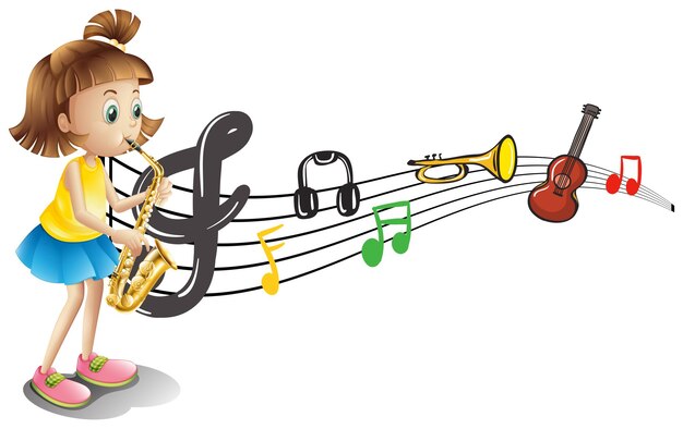 Fille jouant du saxophone avec des notes de musique en arrière-plan