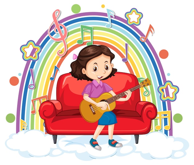 Fille Jouant De La Guitare Sur Le Nuage Avec Arc-en-ciel