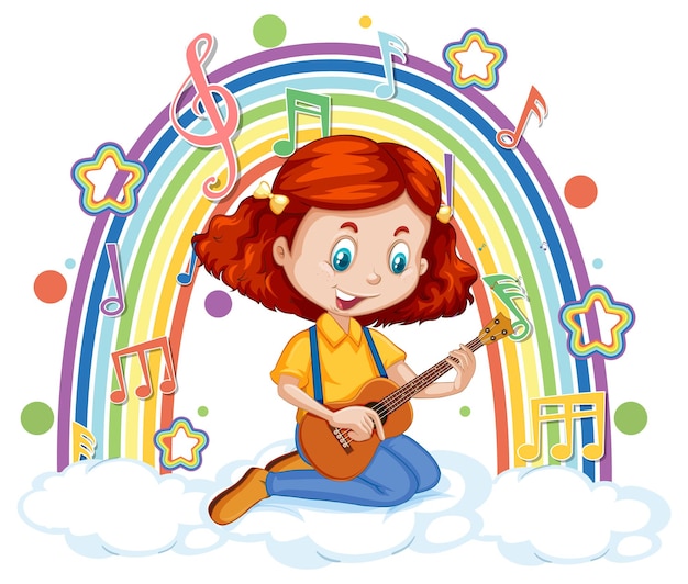 Fille Jouant De La Guitare Sur Le Nuage Avec Arc-en-ciel