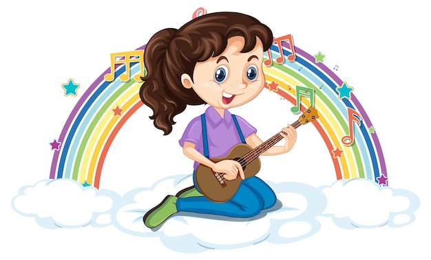 Fille Jouant De La Guitare Sur Le Nuage Avec Arc-en-ciel