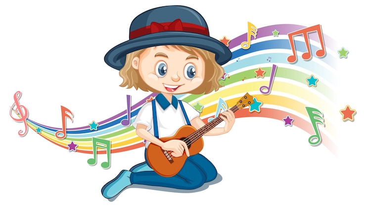 Vecteur gratuit fille jouant de la guitare avec des symboles de mélodie sur la vague arc-en-ciel