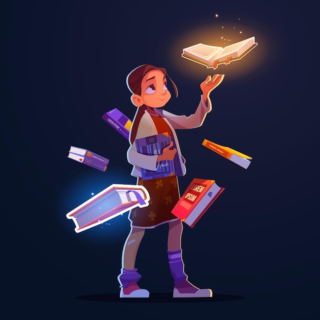 Fille Avec Des Livres Volants Avec Une Lueur Magique Et Des étincelles Vector Illustration Fantastique De Dessin Animé De Chi Heureux ...