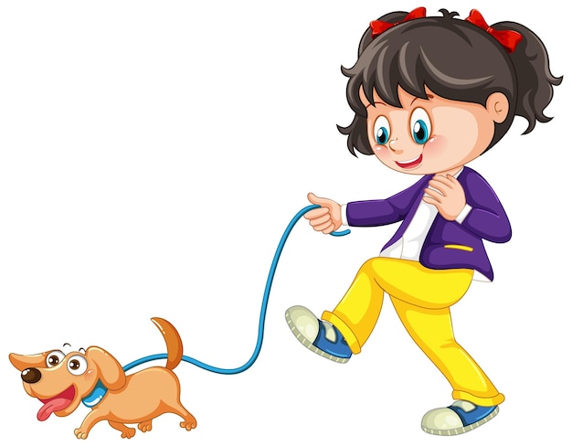 Une fille marchant personnage de dessin animé de chien
