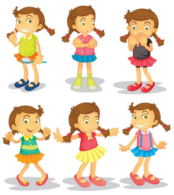 Une fille mignonne dans des vêtements différents faisant des choses