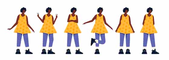 Vecteur gratuit fille noire dans différentes poses design plat