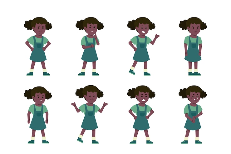 Vecteur gratuit fille noire dessinée à plat dans la collection de différentes poses