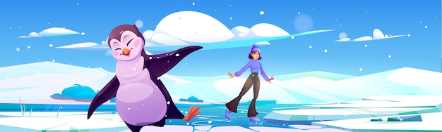 Vecteur gratuit fille patinage sur glace et danse pingouin paysage vectoriel scène de glacier du pôle nord avec illustration de terre de fissure geler la conception de paysage enneigé avec trou dans le sol fond nordique froid avec terre de crash