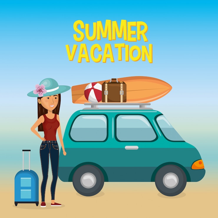 Vecteur gratuit fille sur la plage avec des vacances d'été