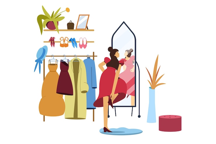 Vecteur gratuit une fille plate choisit des vêtements dans une armoire ou une boutique