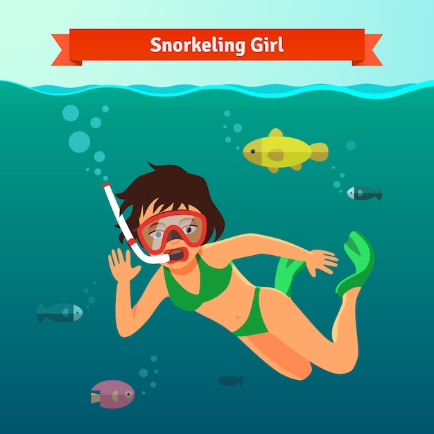 Vecteur gratuit fille de plongée avec tuba dans la mer