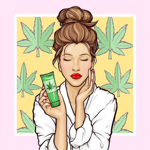 Vecteur gratuit fille de pop art avec tube cosmétique de cannabis