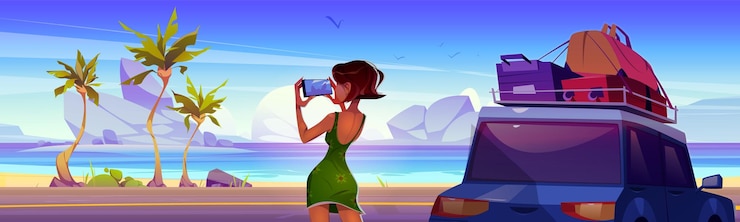 Vecteur gratuit une fille prend une photo sur la route de la plage près de la voiture en été