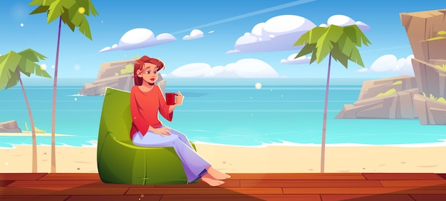Vecteur gratuit fille reste sur le porche en bois de bungalow sur la plage de la mer