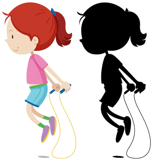 Vecteur gratuit fille sautant à la corde avec sa silhouette