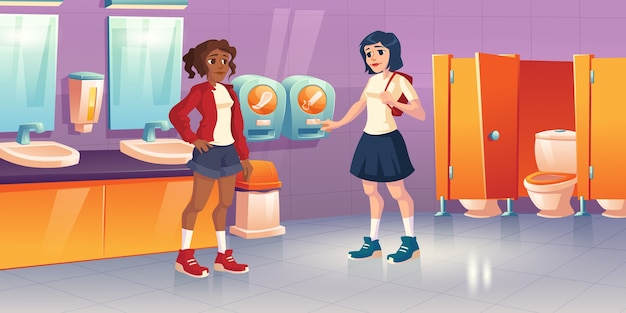 Filles Dans Les Toilettes Publiques Avec Distributeurs Automatiques De Tampons Et De Tampons. Dessin Animé Intérieur Des Toilettes De L'école, Des Toilettes Avec Wc, Lavabo Et Miroirs. Jeune Femme, à, Menstruation, Dans, Toilettes Femmes