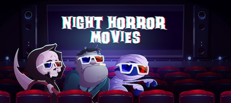 Vecteur gratuit films d'horreur nocturne bannière de dessin animé monstres drôles