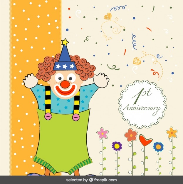 Vecteur gratuit fist anniversaire carte coloré avec le clown mignon