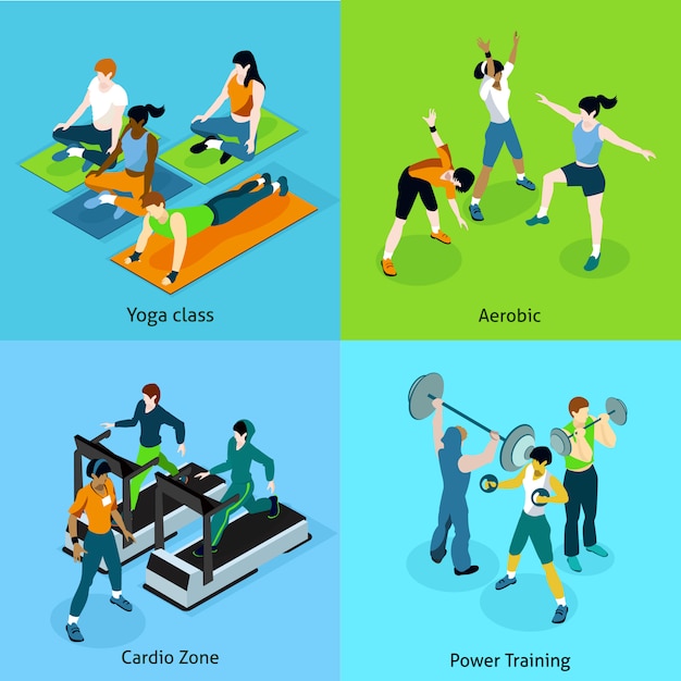 Vecteur gratuit fitness aérobic isométrique icons set