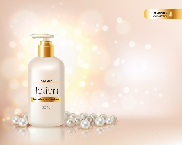 Flacon pompe avec lotion cosmétique bio et capuchon en or orné de perles et de gla