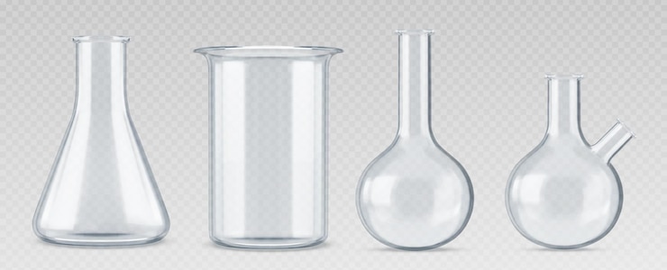 Vecteur gratuit flacon de test scientifique en verre de laboratoire de chimie 3d équipement de bécher de laboratoire réaliste tube de verrerie chimique ensemble vectoriel isolé récipient de mesure de cylindre vide pour expérience médicale scientifique