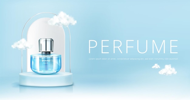 Flacon vaporisateur de parfum sur le podium avec des nuages ?? dans le ciel maquette bannière. Maquette de fiole en verre sur fond de ciel bleu. Publicité de promotion de produit cosmétique parfum parfum, illustration vectorielle 3d réaliste