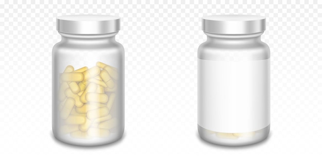 Vecteur gratuit flacons de médicaments avec des pilules jaunes isolés sur transparent