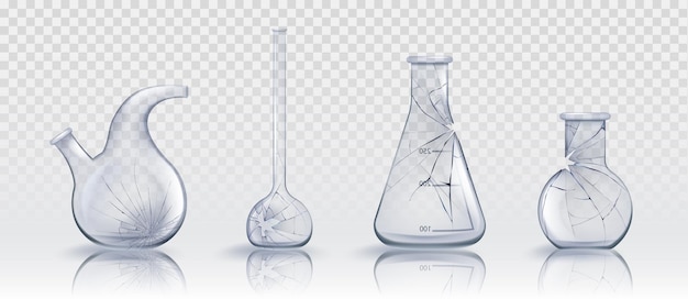 Vecteur gratuit flacons de mesure chimique de laboratoire en verre brisé et tubes à essai dans un ensemble d'illustrations vectorielles réalistes verrerie de laboratoire écrasée avec des fissures, des trous et des dispersions équipement scientifique détruit et écrasé