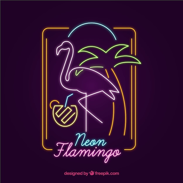 Vecteur gratuit flamingo néon avec des éléments de plage