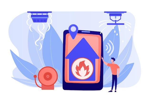 Vecteur gratuit flamme dans la notification à distance de la maison. maison intelligente, haute technologie. système d'alarme incendie, méthodes de prévention des incendies, concept d'alarme incendie et fumée. illustration isolée de bleu corail rose