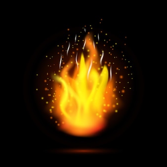 Flamme de feu réaliste sur fond noir. illustration vectorielle.