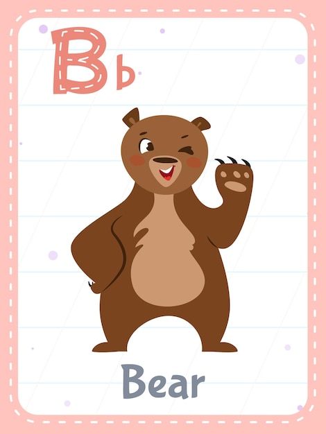Vecteur gratuit flashcard imprimable de l'alphabet avec la lettre b et l'image d'un animal d'ours