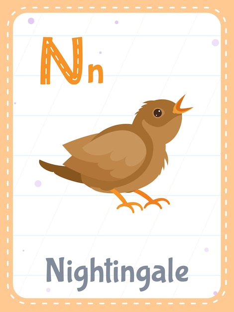 Vecteur gratuit flashcard imprimable de l'alphabet avec la lettre n et l'oiseau rossignol