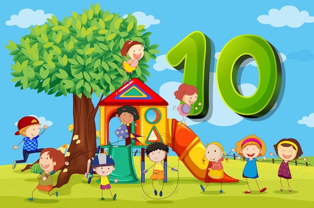 Flashcard Numéro 10 Avec Dix Enfants Dans Le Parc